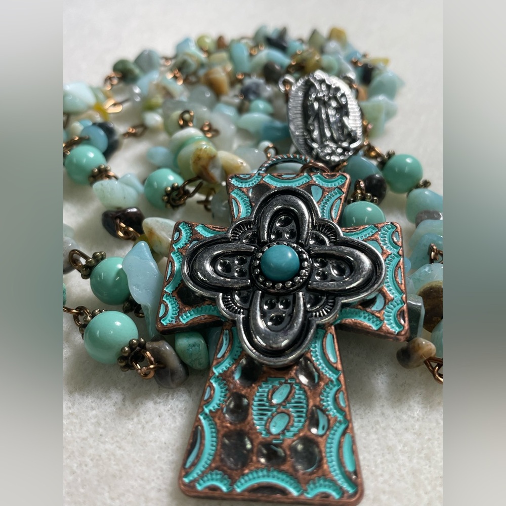 Turquoise Amazonite Copper and Silver 1 Of A Kind Handcrafted Heirloom Rosary